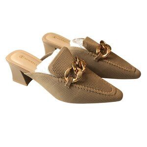 Newbella Womens Knit Pointed-Toe Heeled Mules Apricot Beige Gold-Tone Chain 8